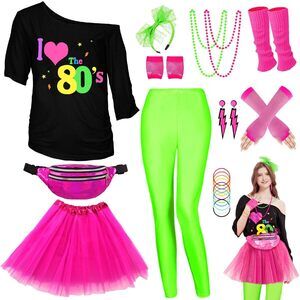 6819 Wlldparty 80s Outfit Costume Accessoriess Set, T Shirt